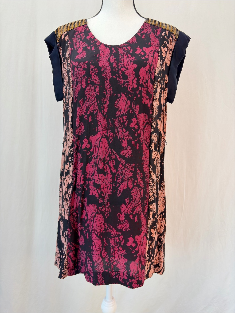 FRENCH CONNECTION 100% Silk Red Abstract Print Mini Dress Gold Sequin Sz 4 NWT